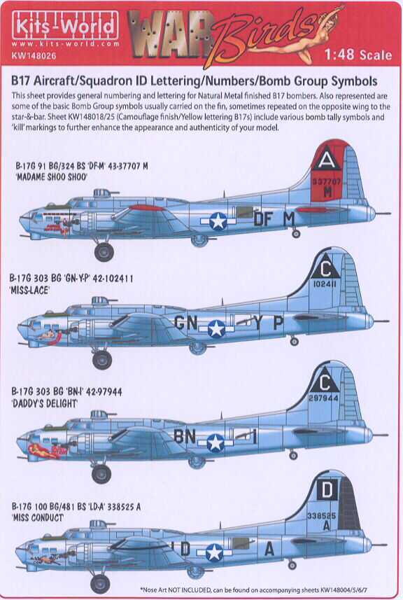 Kits World Decals 1/48 B17 Squadron ID Bomb Group Numbers & Symbols